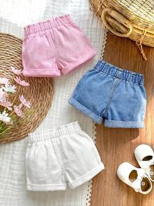 SHEIN 3件套女婴粉色、蓝色、白色牛仔宽松卷边短裤 - 彩色 - 查看 3