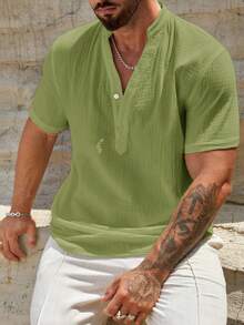 HIMLAND Loose Men Solid Half Button Shirt - Green - View 4