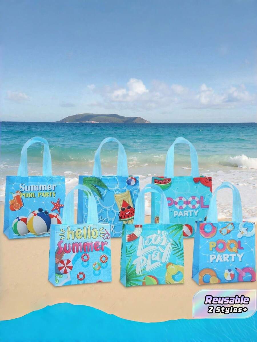 6 18PCS Large Capacity Blue Summer Pool Party Theme Reinforced Handles Reusable Easy Clean Cool Feeling Tote Gift Bag For Birthday Beach Party Summer Shopping Daily Storage Essential - 9057 - View 1