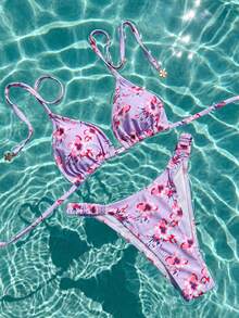 Swim Vcay Spring/Summer 2-Piece Women's Beach Vacation Outfit Fashionable Cute Tropical Sexy Swim Pool Party Random Print Lavender Floral Halter Neck Bikini Set - Multicolor - View 4
