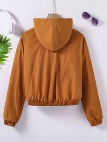 SHEIN Tween Girl Solid Color Dropped Shoulder Long Sleeve Utility Pocket Zipper Placket Hooded Jacket - Khaki - View 2
