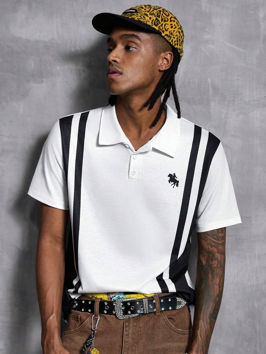 Manfinity Denimwave Polo homme style sport rétro, bloc de couleurs noir & blanc, silhouette de cheval aristocratique, football - Multicolore - Voir 1