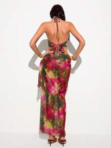 Barévion Vacation Style Pink And Green Floral Halter Neck Swimsuit Set, Sexy Tropical Mesh Split Maxi Dress Beach Cover-Up 2pcs Summer - Multicolor - View 6