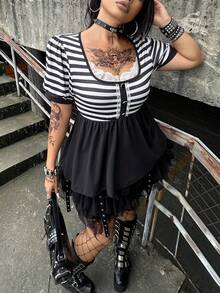 Whyspr Plus Size Striped Diamond Square Neck Patchwork Contrast Color Lace Trim A-Line Short Sleeve T-Shirt Party Black And White Summer 90s - Black and White - View 4
