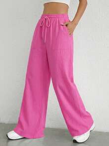 SHEIN EZwear 玫瑰红编织抽绳腰斜插口袋休闲裤 - 玫紅色 - 查看 4