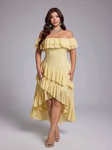 Viva Relle Butter Yellow Off-Shoulder Ruffle Dress, Multi-Layered Flounce Waist-Defining High-Low Asymmetrical Dress Vacation Summer Elegant - Yellow - View 4