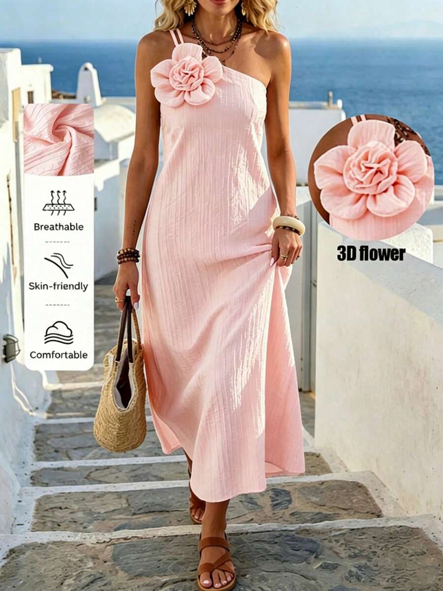 SHEIN Holidaya Women's Cream Yellow Elegant One-Shoulder 3D Flower Decor Midi Dress, Suitable For Travel, Vacation, And Dating - Baby Pink - View 1