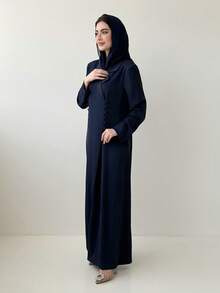 Yasmeen Edit Yasmeen Edit Elegant Abaya Jacket With Headscarf, Padded Shoulders, Solid Color, Front Button Closure, Side Slit Spring - Navy Blue - View 1
