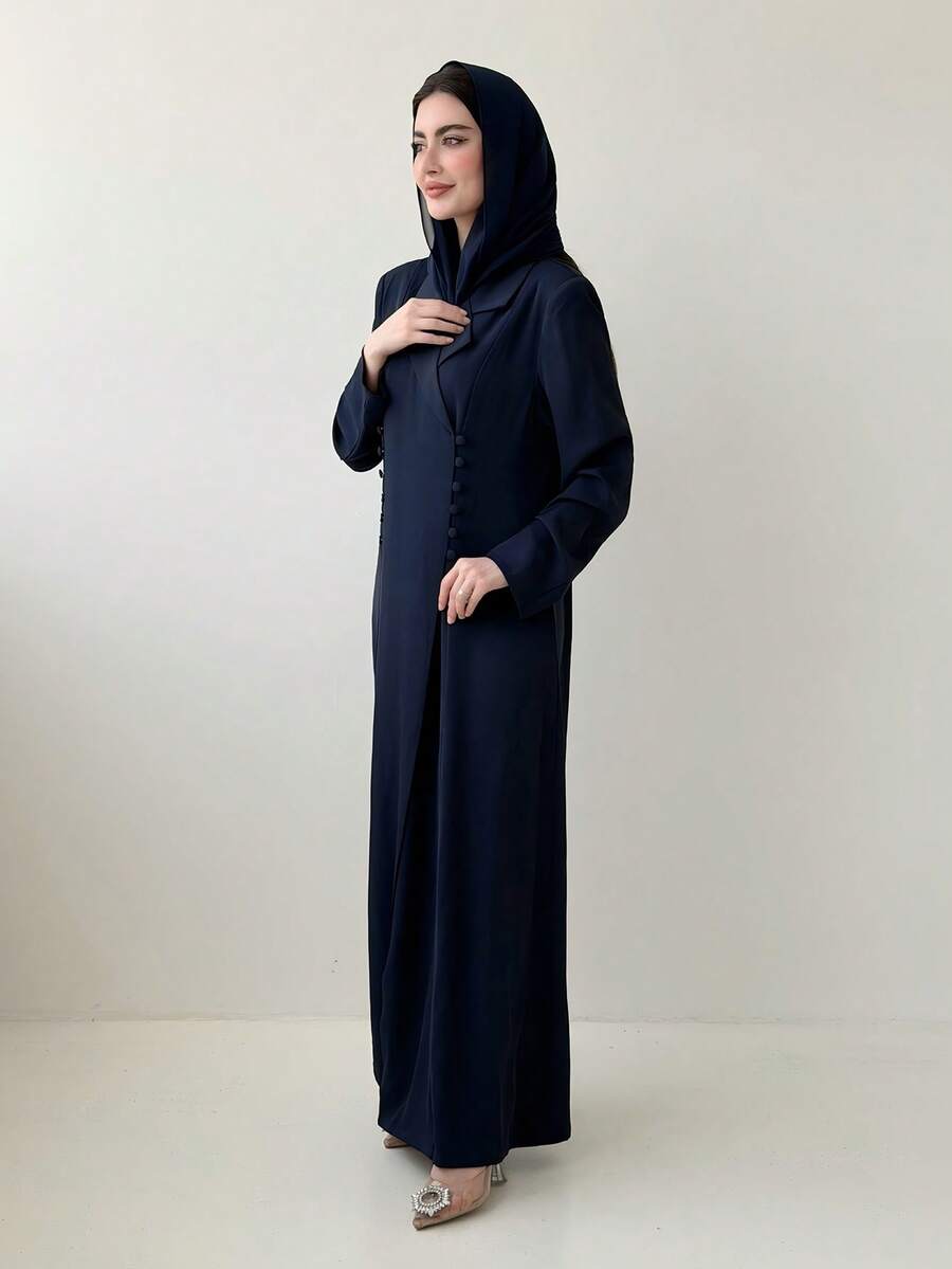 Yasmeen Edit Yasmeen Edit Elegant Abaya Jacket With Headscarf, Padded Shoulders, Solid Color, Front Button Closure, Side Slit Spring - Navy Blue - View 1