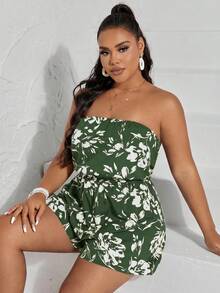 SHEIN VCAY Plus Floral Print Tube Romper Spring Summer Women - Army Green - View 4
