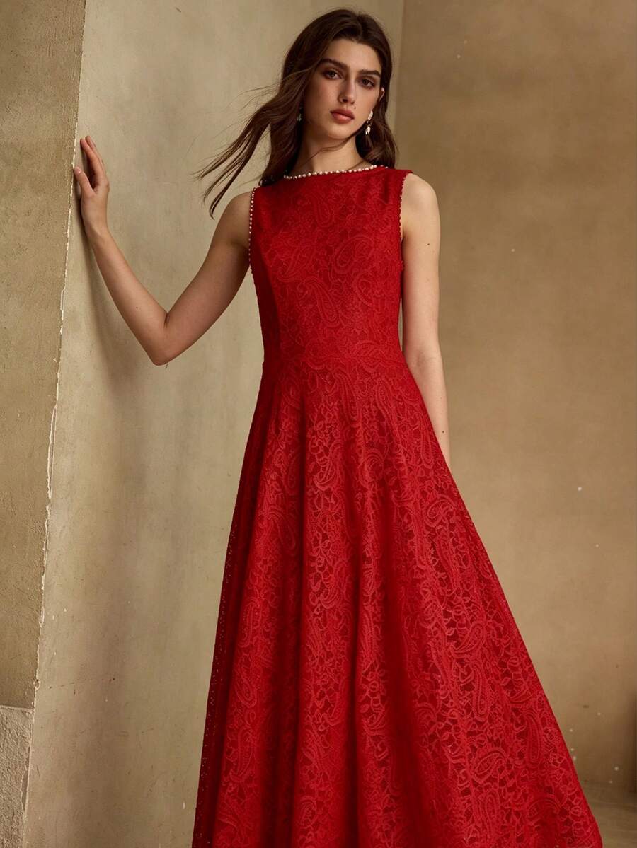 MOTF PREMIUM GAUN WANITA ELEGAN BERBAHAN RENDA DAN MANIK-MANIK MUTIARA TIRUAN - Merah - View 1