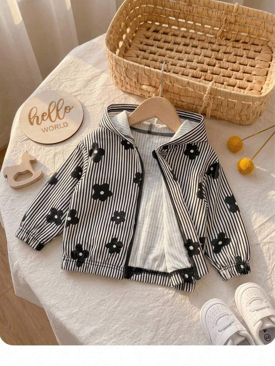 SHEIN Áo khoác có mũ dệt kim kẻ sọc hoa văn đa năng, kiểu dáng thường ngày cho bé gái. - Đen và trắng - Xem 1