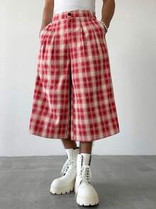Manfinity Hypemode Men's Plus Size Plaid Pattern Elastic Waist Shorts - Red - View 4