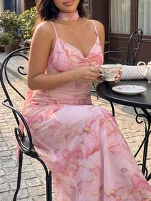 GalTyme Plus Size Women's Vacation Marble Print Ruffle Neck Elegant Draped Neck Dress Evening Tea Party Light Pink Summer - Multicolor - View 8