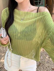 DAZY 女款透視不對稱領長袖針織上衣 適合海灘度假 萊姆綠 秋季 性感休閒 不對稱領上衣 - 綠色 - 查看 1