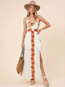 Coeurva Women's Summer Beach Floral Print High Slit Spaghetti Strap Dress - Multicolor - View 6
