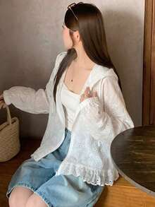 DAZY Women's Hooded Long Sleeve Loose Textured Fabric Lace Patchwork Casual Vacation Style Regular Jacket - White - View 2