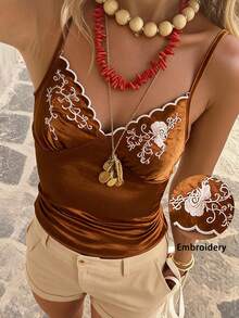 Travachic Women's Floral Embroidery Contrast Trim Ruffle Fitted Camisole - Brown - View 1