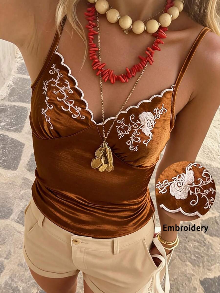 Travachic Women's Floral Embroidery Contrast Trim Ruffle Fitted Camisole - Brown - View 1