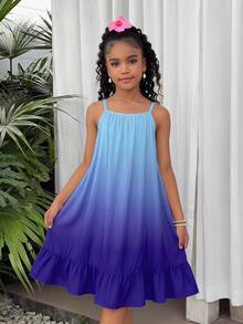 SHEIN Tween Girls Cute Summer Dark Blue Gradient Floral Print Sleeveless Dress,Adjustable Spaghetti Straps,Loose A-Line Ruffled Hem Holiday Beach Vacation - Blue - View 1
