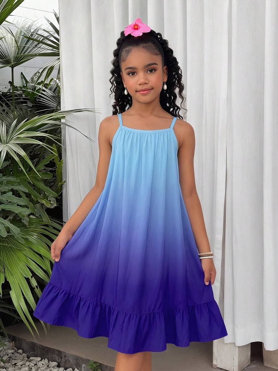 SHEIN Tween Girls Cute Summer Dark Blue Gradient Floral Print Sleeveless Dress,Adjustable Spaghetti Straps,Loose A-Line Ruffled Hem Holiday Beach Vacation - Blue - View 1