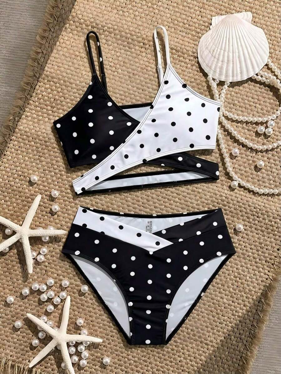 SHEIN 两件套少女泳衣,黑白波点撞色设计,适合游泳、泳池、海滩穿着 - 黑與白 - 查看 1