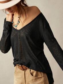 Bohemela Casual Plain Vacation Solid Color Knit Women's T-Shirt Everyday Black Autumn Everyday Travel - Black - View 5