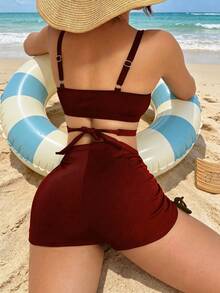 Swim Lushoire Conjunto de traje de baño de unicolor para mujer para vacaciones en la playa - Burdeos - Ver 2