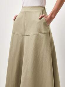 Briarwyn Elegant Solid Color High Waist Patchwork Flared Skirt Structure Commuter Casual Light Retro Daily Travel Workplace Office Women's Long Skirt - Khaki - View 6