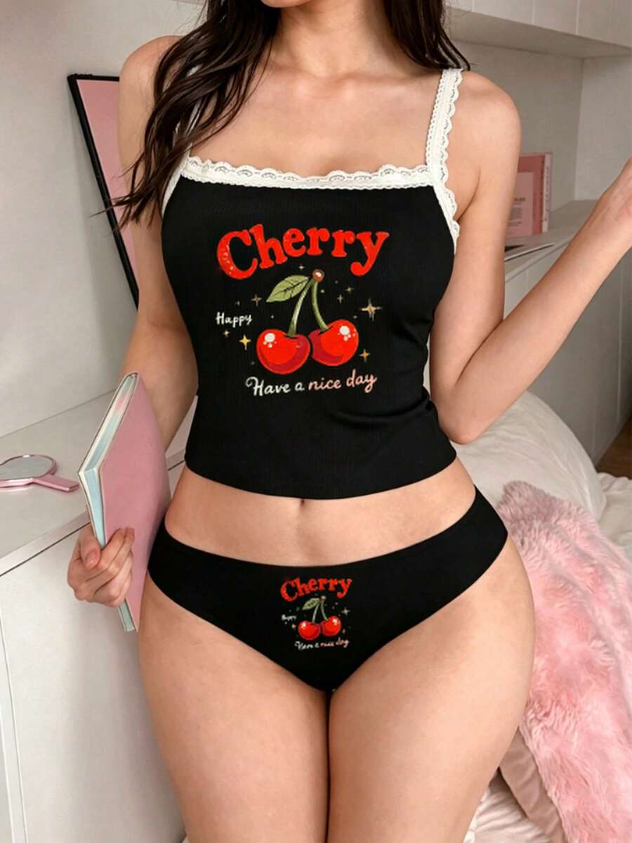 PetitDoll 女款 2 件組蕾絲拼接內衣套裝 - 黑與白 - 查看 1