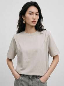 Dazy-Less 女士夏季纯色圆领短袖休闲T恤，商务休闲女装 - 淺灰色 - 查看 8