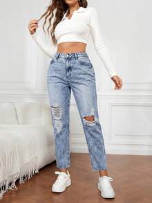 SHEIN CURVE+ Plus Size Casual Washed Distressed Denim Jeans Club Formal Light Blue Summer - Blue - View 4