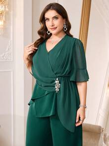 Reflora Conjunto de dos piezas de camisa y pantalones con decoración de diamantes de imitación elegante para fiesta de talla grande - Verde - Ver 2