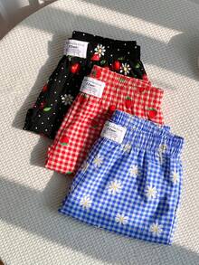 SHEIN EZwear 3件套女士休闲舒适多巴胺雏菊蓝格子短裤、多巴胺草莓红格子短裤、黑色波点樱桃短裤，梭织面料，适合日常穿着、通勤、约会、派对、秋冬夏三季、圣诞节、新年、感恩节、婚礼、海滩、毕业典礼、时尚、优雅、休闲、外出、约会、预订、通勤、闪亮、情人节、优雅、度假、休闲、Y2K、外出、毕业典礼 - 彩色 - 查看 4