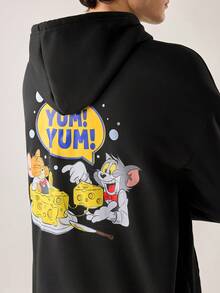 Strevion TOM & JERRY 男士休闲百搭简约汤姆和杰瑞元素印花连帽卫衣，秋冬款 - 黑色 - 查看 3