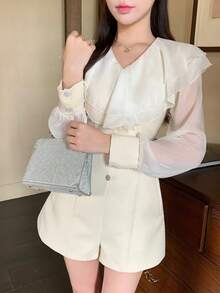 DAZY Spring Summer Elegant Ruffle Lantern Sleeve Design Unique Minimalist Women's Romper - Apricot - View 6
