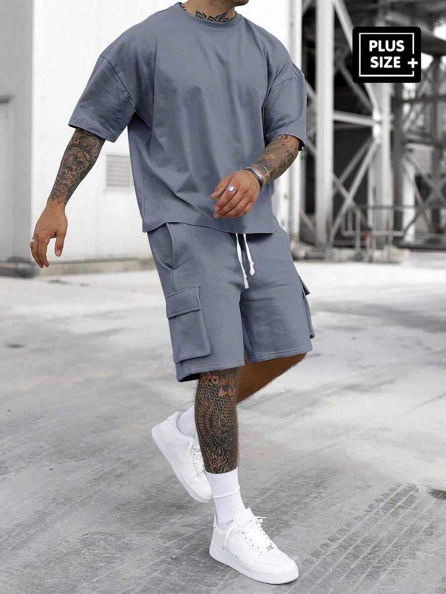 Manfinity Homme Plus Size Men's Solid Color Crew Neck Minimalist Short Sleeve T-Shirt And Drawstring Waist Cargo Shorts 2pcs Set - Dark Grey - View 1