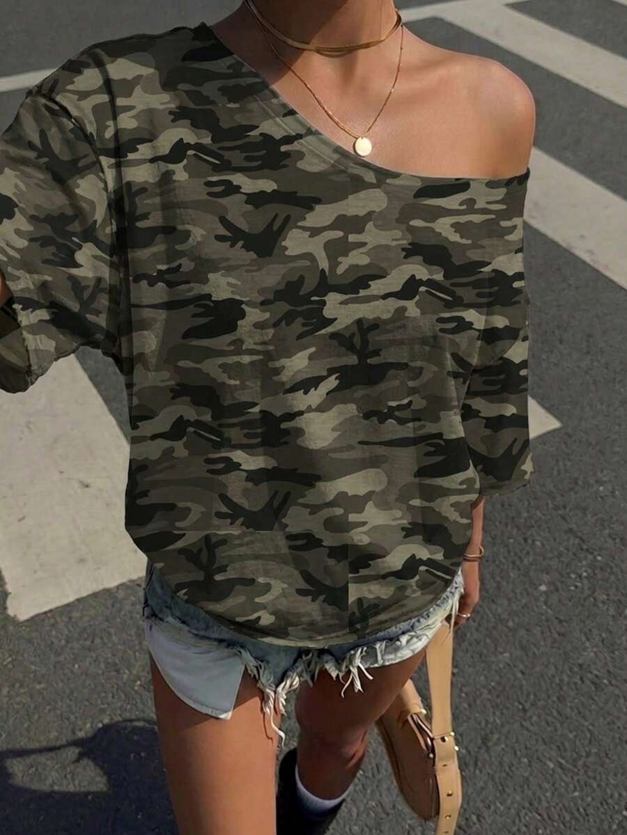 Muchica Women's Plus Size Asymmetrical Shoulder Casual Loose Camouflage T-Shirt - Multicolor - View 1