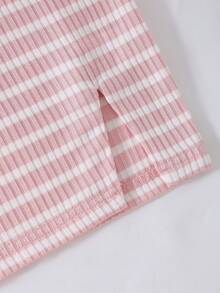 SHEIN Gaun Anak Perempuan Bergaris Merah Muda dengan Motif Kuda Poni, Desain Belahan, Kain Bertekstur Rajut, Gaun Kasual Sehari-hari - Berwarna merah muda - View 6