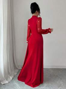SHEIN Elenzya Robe de soirée élégante et glamour pour femme avec sequins, pour invitée de mariage, cocktail, Nouvel An et Noël, à manches longues, taille cintrée, évasée et fluide - Rouge - Voir 2