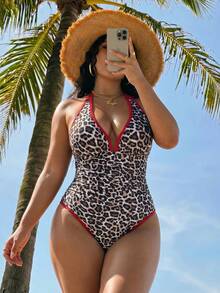 Swim SXY 大码女士随机豹纹连体泳衣，时尚休闲 - 彩色 - 查看 1