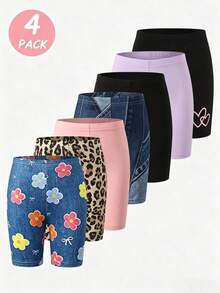SHEIN 4-Piece Young Girls Summer Leggings, Soft Knit Shorts Set Featuring Leopard, Blue Denim Print, Floral Patterns & Pastel Pink For Everyday Play - Multicolor - View 8