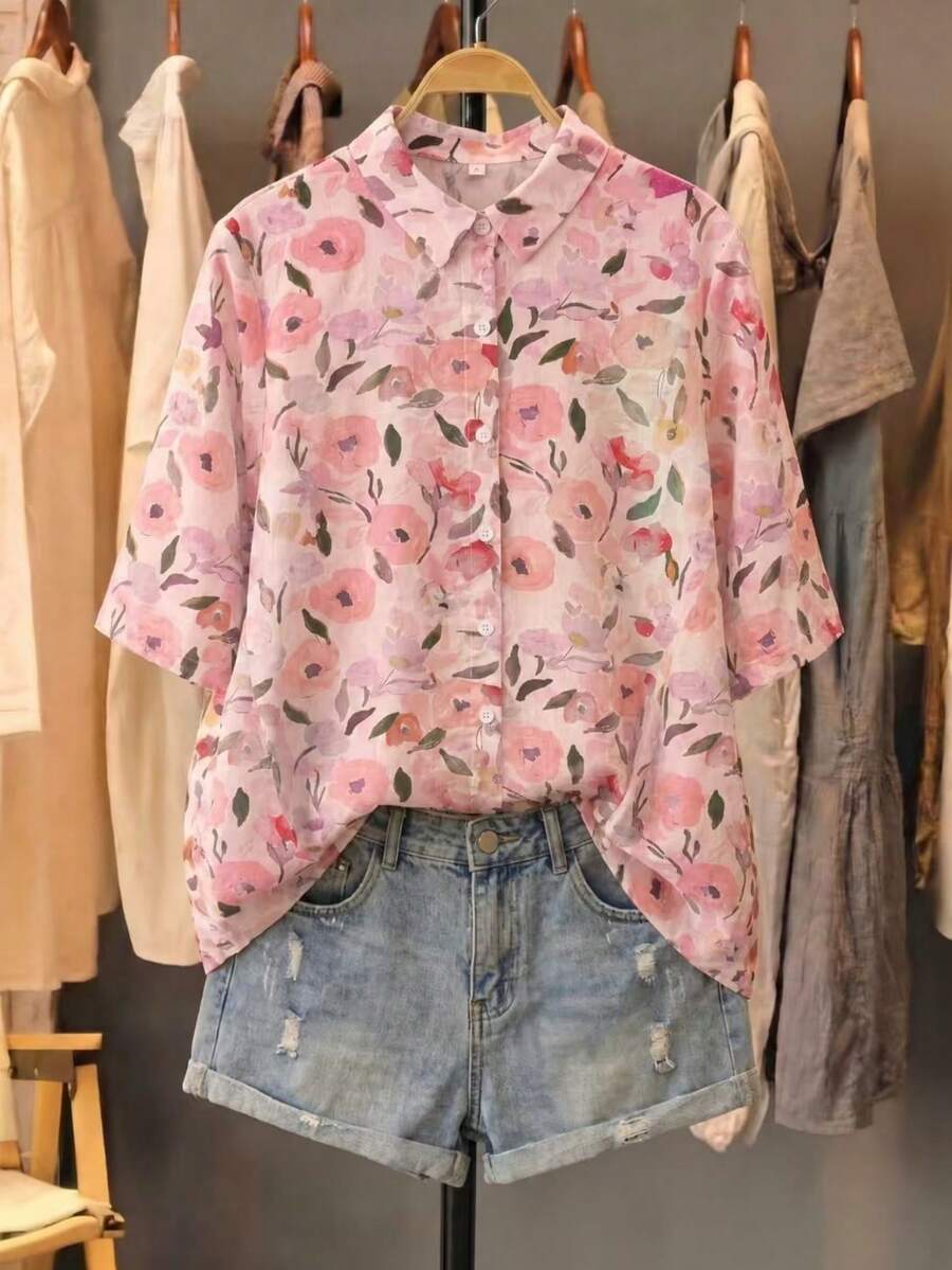 Divinelle 女款春夏花卉印花鈕扣開襟短袖翻領襯衫上衣,百搭透氣輕盈,適合海邊度假與休閒穿搭 - 粉色 - 查看 1