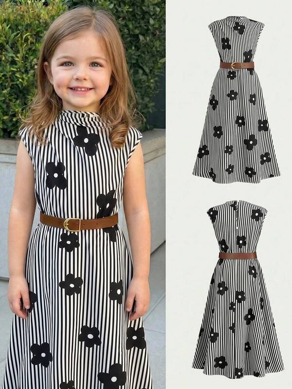 SHEIN Young Girl Young Girl Casual Daily Ruffle Collar Black And White Floral Striped Ruffle Collar Dress