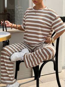 Muchica 2pcs/Set Striped T-Shirt And Pants Casual Plus Size Outfit - White - View 1