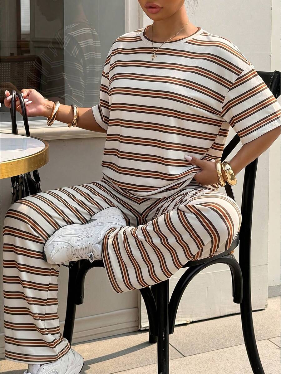 Muchica 2pcs/Set Striped T-Shirt And Pants Casual Plus Size Outfit - White - View 1