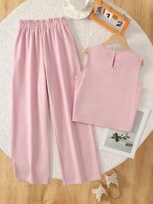 SHEIN Tween Girls Striped Tank Top And Loose Long Pants 2 Pieces Set, Casual Daily Fashion Versatile - Pink - View 2