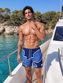 Solantero Men's Navy Blue Summer Casual Letter Print Drawstring Waist Beach Shorts,Holiday Pool Party Vacation Swim Trunks,Breathable Tropical Bathing Shorts - Blue - View 6