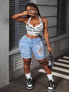 Slaydiva Plus Size Summer Casual Washed Distressed Denim Shorts - Light Wash - View 6