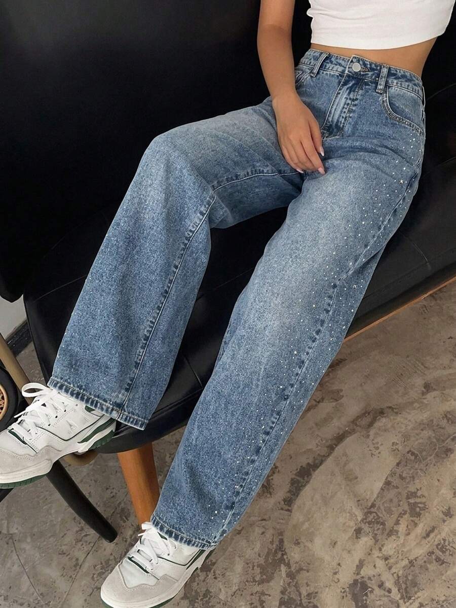 DAZY 女款水鑽裝飾口袋寬鬆休閒牛仔長褲 - 藏蓝色 - 查看 1
